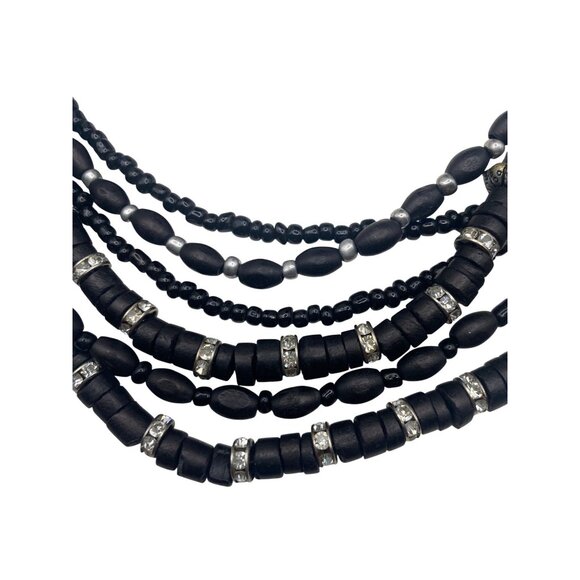 Chicos Signed Multi Strand Black Wood Bead Statement Necklace Rhinestone Boho - Picture 6 of 8